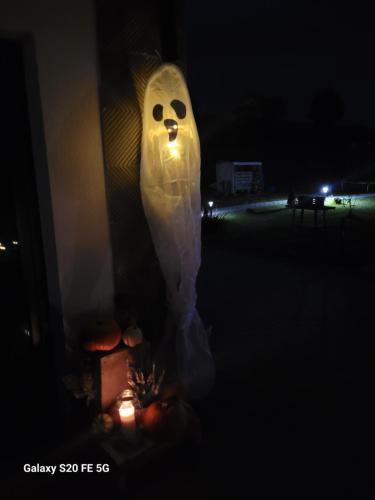 a lit up face in a plastic bag in the dark at Chaty u Taty in Szlembark