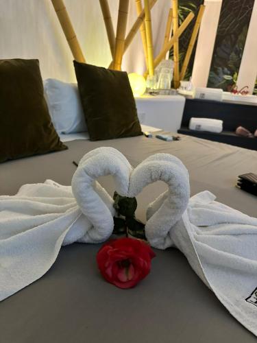 a bed with two white towels and a rose at HOME 3 Luxury Suite in Bisceglie