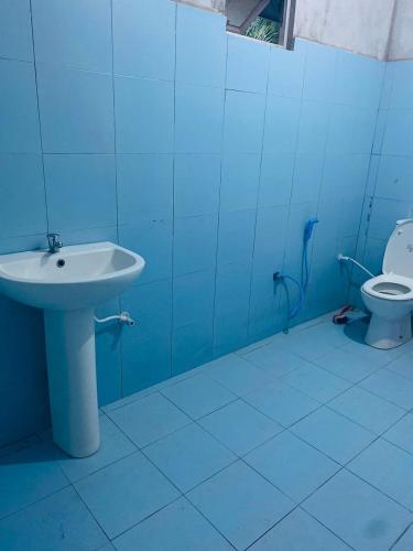 Un baño azul con lavabo e inodoro. en Jana Villa, en Kamburugamuwa