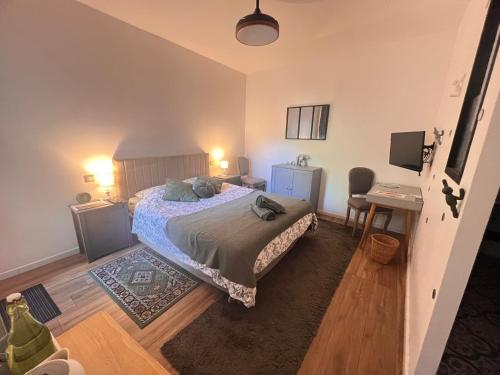 a bedroom with a bed and a desk with a computer at La cigale et la fourmi savoisienne - chambre chez l habitant in Aix-les-Bains
