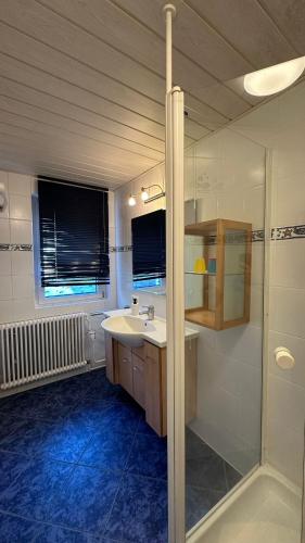 a bathroom with a sink and a shower at Gästehaus Kaiser in Ostfildern