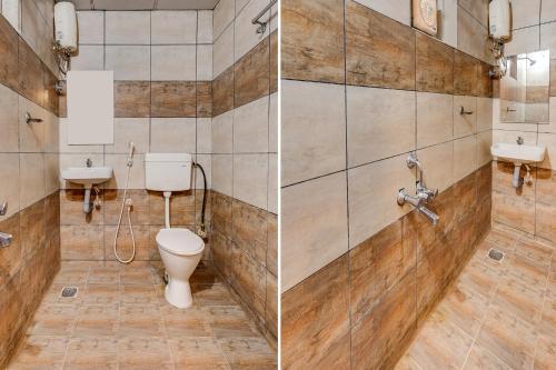 two pictures of a bathroom with a toilet and sink at FabHotel Alfa in Vijayawāda