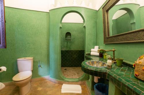 a green bathroom with a toilet and a sink at Les Sources Berbères Riad & Spa in Marrakech