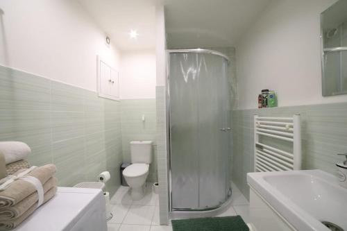 un bagno con doccia, WC e lavandino di Bright & Cozy Apartment with Netflix & Xbox! a Kladno