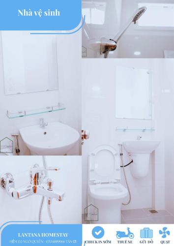 a collage of photos of a bathroom with a toilet and sink at Lantana Homestay in Da Lat