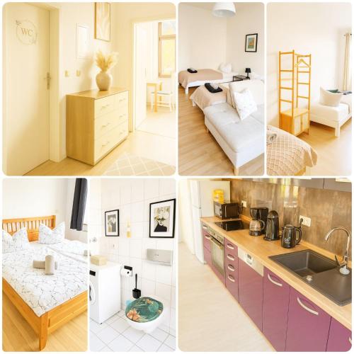 a collage of pictures of a kitchen and a living room at Geräumiges Apartment mit Balkon & 2 Parkplätze in Chemnitz