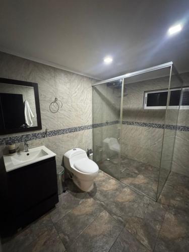 a bathroom with a toilet and a shower and a sink at Casa del lago garagoa Boyaca in Garagoa