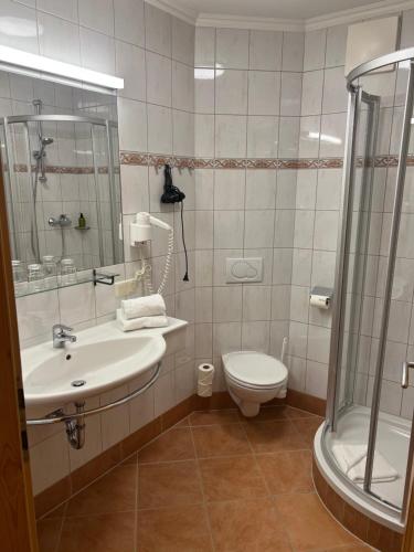 a bathroom with a sink and a toilet and a shower at Wander- und Familienhotel Erika in Wagrain