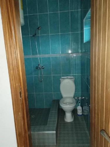 a green tiled bathroom with a toilet and a shower at Sako's Home 