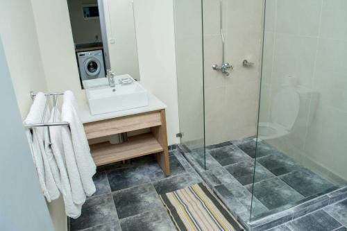 a bathroom with a shower and a sink and a shower at Casa Florida Hotel & Spa in Pereybere