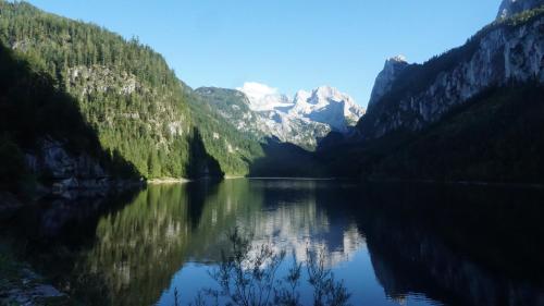 a reflection of a mountain in a lake at De Jutter Edelweiss in Gosau