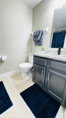 a bathroom with a sink and a toilet and blue rugs at Comfort Escape, rooms in Charlotte with shared common spaces in Charlotte