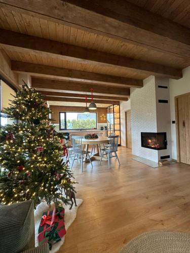 a christmas tree in a living room with a fireplace at Liptovské Chaty in Liptovský Mikuláš