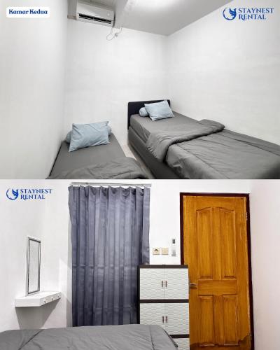two photos of a bedroom with two beds and a door at House Rental Gajahmada Residence Mataram Lombok in Prampuan