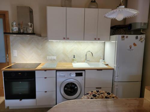 a kitchen with a washing machine and a sink at Gîte Sauge et Romarin in Rabastens