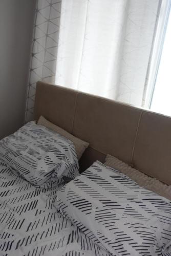 1 cama con 2 almohadas frente a una ventana en Stan u centru Niša, Obilićev venac, en Niš