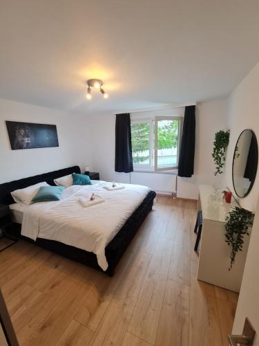 a bedroom with a large bed and a window at Zentrumsnah und modern mit Seeblick in Weggis in Weggis
