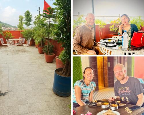 a group of three pictures of people sitting at a table at Nahargarh view Hotel in Jaipur