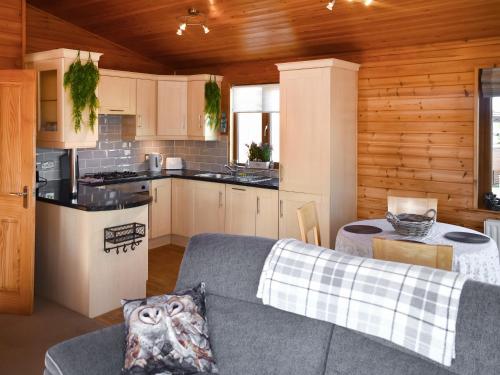 ein Wohnzimmer mit Couch und Küche in der Unterkunft The Dragons Den in Ilfracombe