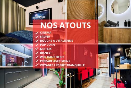 a collage of three pictures of a restaurant at Le Cinema - Les Demeures d'Adrien in Armentières