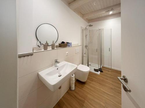 un bagno con lavandino, WC e specchio di Deich-Moment, Apartment 2 auf dem Hundegutshof a Krummendeich
