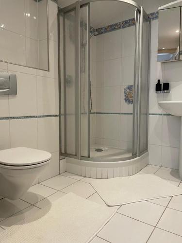 a bathroom with a shower and a toilet and a sink at Villa avec piscine à Super Cannes in Vallauris