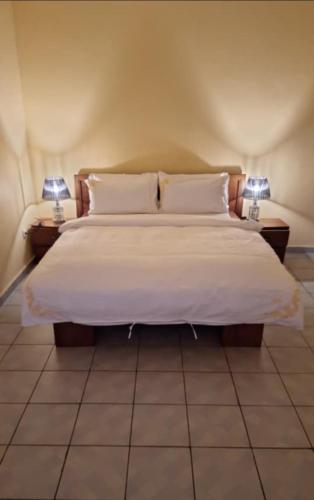 a bedroom with a large bed with two lamps at ELG Appart in Kribi