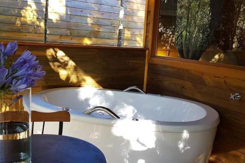a bath tub in a bathroom with a window at Pousada Chales da Mantiqueira - Campos do Jordão in Campos do Jordão