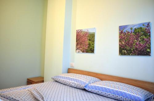 a bedroom with a bed with three paintings on the wall at Rezidenca Kalter Durres in Golem