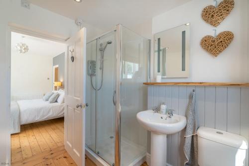 a bathroom with a shower and a sink at Artro in Llanbedr