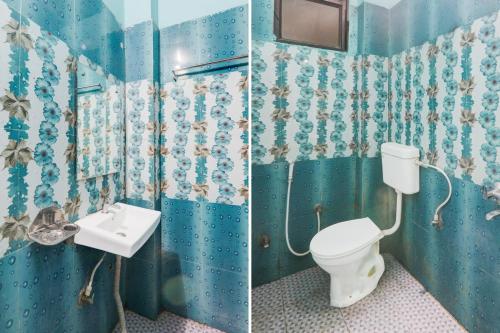 two pictures of a bathroom with a toilet and a sink at Hotel O Shivam International in Utrāhtia