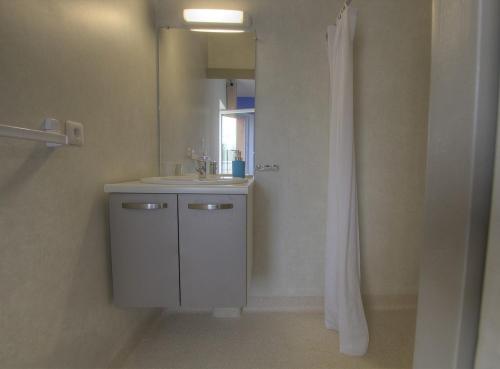 a bathroom with a sink and a mirror at Les Gites de la Calonne in Guéreins
