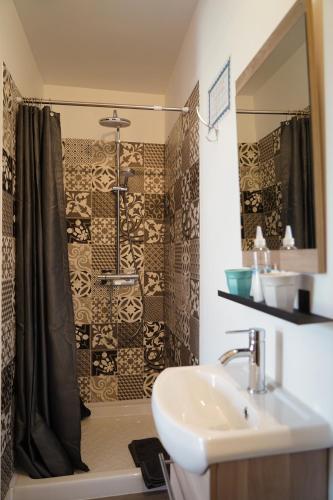 a bathroom with a shower and a sink at Émeraude baie Mont Saint Michel in Marcey-les-Grèves