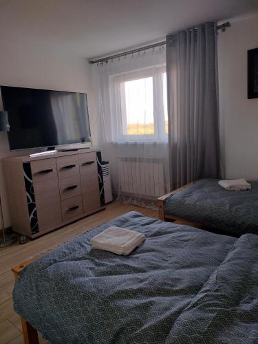 a bedroom with two beds and a flat screen tv at Noclegi u Beaty in Dubiecko