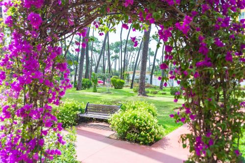 un parque con un banco y flores púrpuras en AluaSun Marbella Park en Marbella