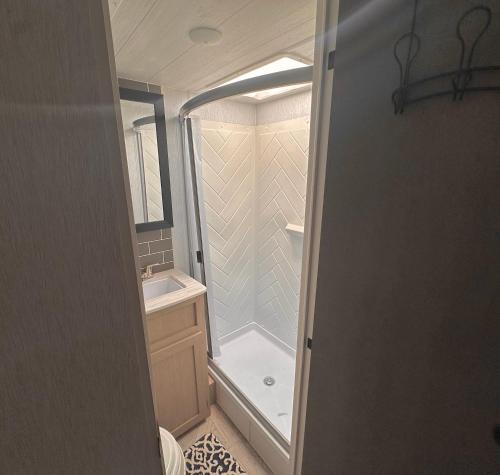 ein kleines Badezimmer mit Dusche und Waschbecken in der Unterkunft DDs Country Camper in Reedley
