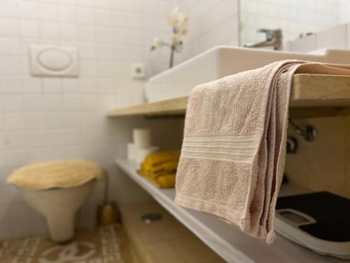 ein Badezimmer mit Waschbecken und Handtüchern auf einem Regal in der Unterkunft Oriente River Apartments by Paula de Assunção in Lisbon Humberto Delgado Airport