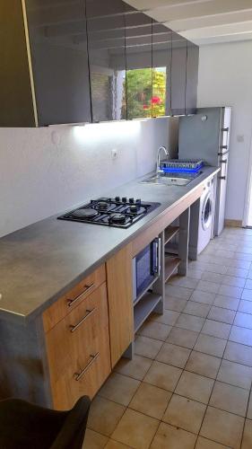 a kitchen with a sink and a stove top oven at Relaxation 100 m from Orient Bay in Saint Martin
