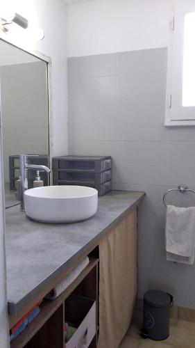 a bathroom with a large white sink on a counter at Relaxation 100 m from Orient Bay in Saint Martin
