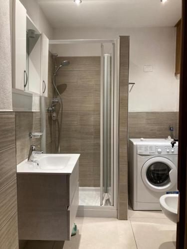 a bathroom with a sink and a washing machine at Appartamenti Elda Zandegiacomo in Auronzo di Cadore