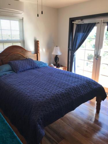 a bedroom with a bed with a blue comforter at Byron's Belize Dream in San Pedro