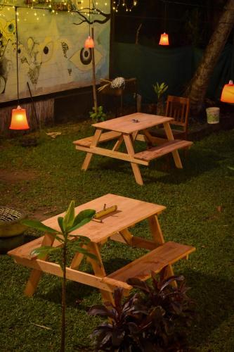 a picnic table and benches in the grass at Munroe Paradise in Munroe Island