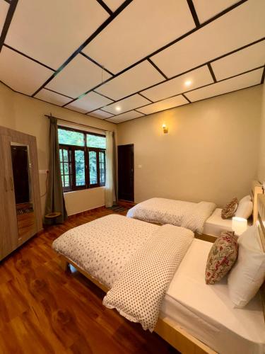a room with three beds in a room at Eevolve Dharamkot - An Eco Hostel in McLeod Ganj