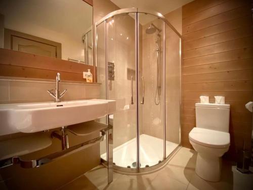 Un baño con ducha, inodoro y lavabo. en Alpine Chalet with Mountain Views, en Les Gets