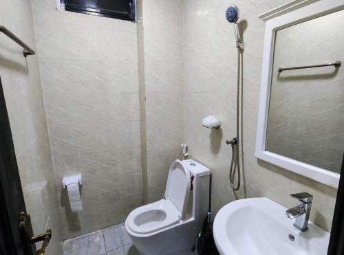 a bathroom with a toilet and a sink and a mirror at Panoramic Three Bedrooms Apartment in Addis in Addis Ababa