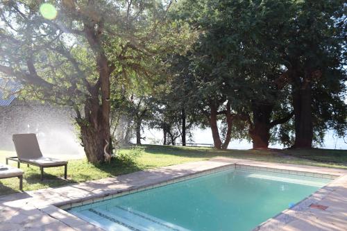 a swimming pool in a yard with a chair and trees at Mongwe Safari Camp 