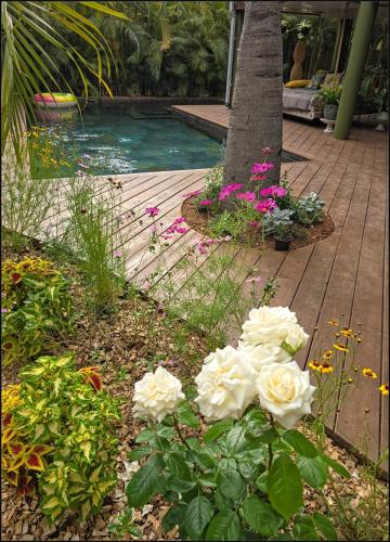 a garden with white roses and a swimming pool at L'Eden, villa d'exception entre océan & forêt in Saint-Paul