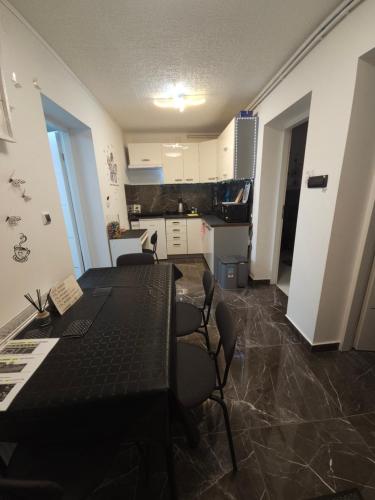 a room with a table and chairs and a kitchen at ENA 1&2 -BIG FREE PRIVAT parking for BOATS, TRUCKs, combi,-CENTRAL HEATING !!! in Karlovac