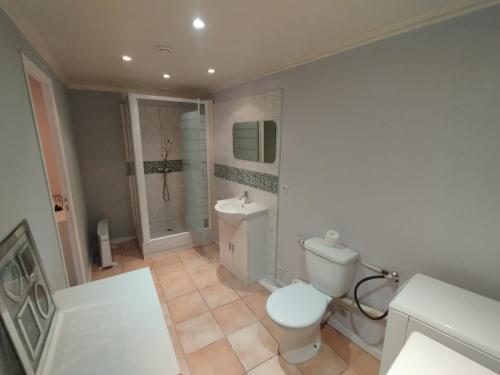 a white bathroom with a toilet and a sink at Studio A côté Du Plus Beau Marché De France in Béziers