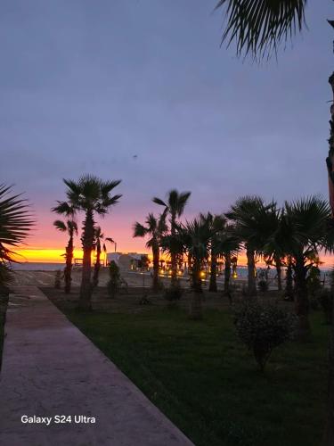 a sunset with palm trees and a sidewalk at Nova Apartaments Qerret in Golem